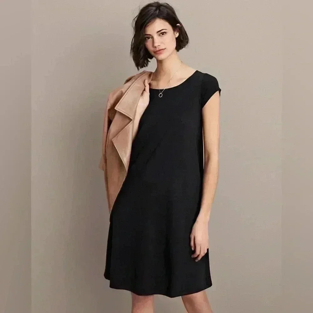 Eileen Fisher | Black Jersey Knit, Short Sleeve Sheath Dress, Organic Cotton